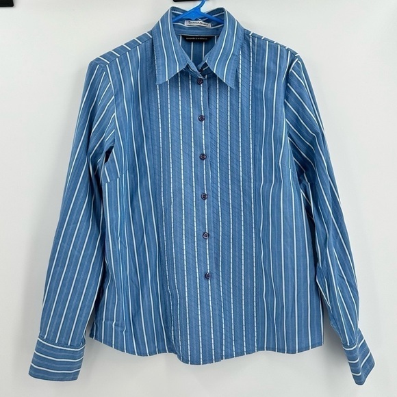 GOODCLOTHES Textured Stretch Women’s Blue Long Sleeve Button Down Size Large - Picture 1 of 13